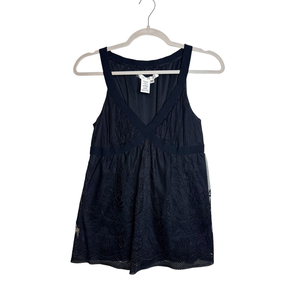 Max Studio Black Lace Empire Waist Babydoll Tank Top V-Neck Women M Whimsigoth‎